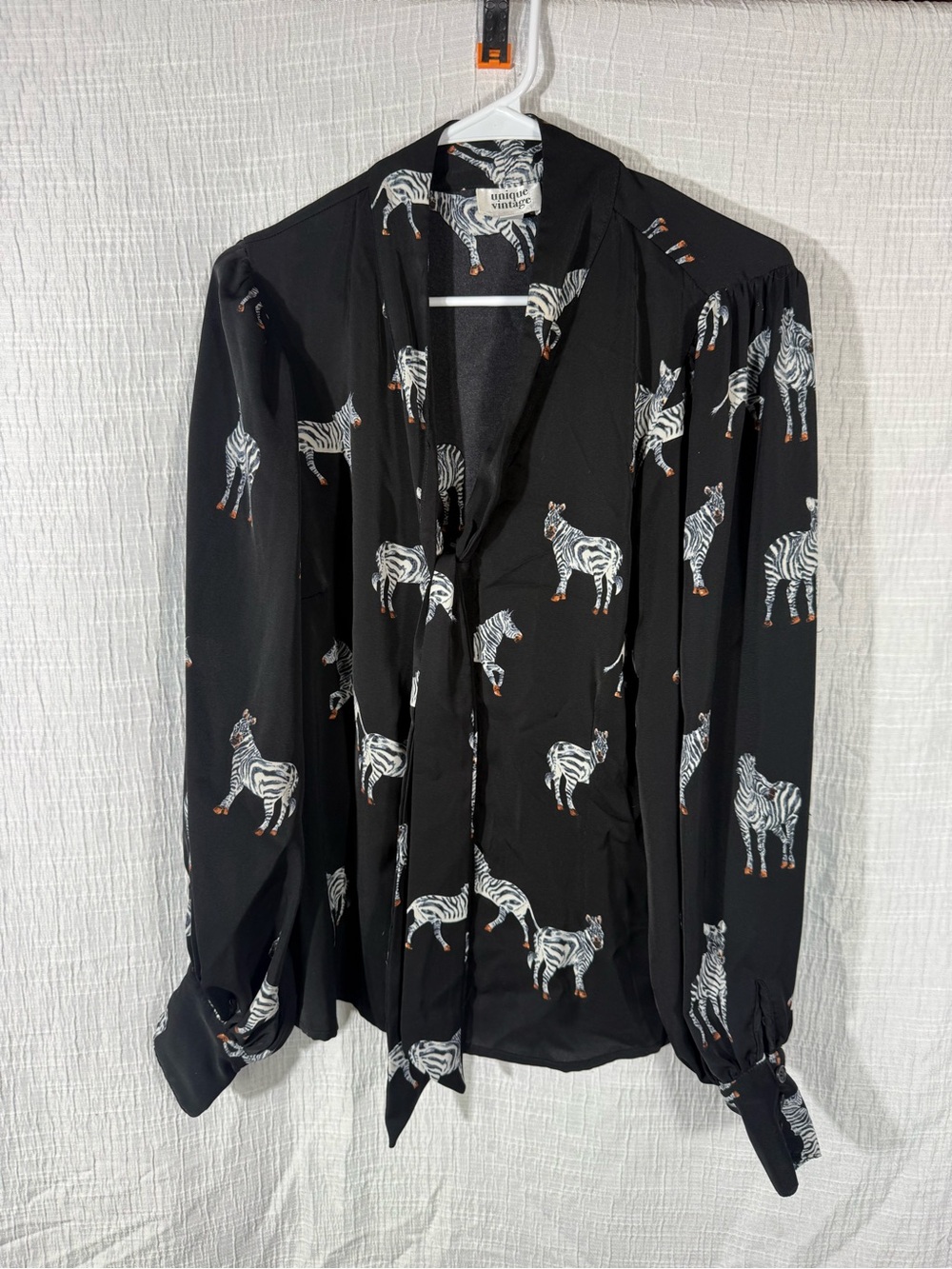 Unique Vintage Lena Black & White Zebra Print Long Sleeve Neck Tie Blouse L